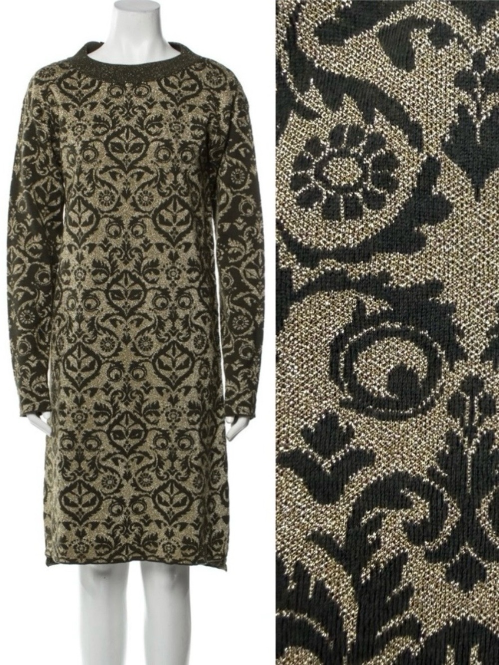 FENDI Wool Blend Knit Sweater Brocade Damask Dress Metallic Gold Brown